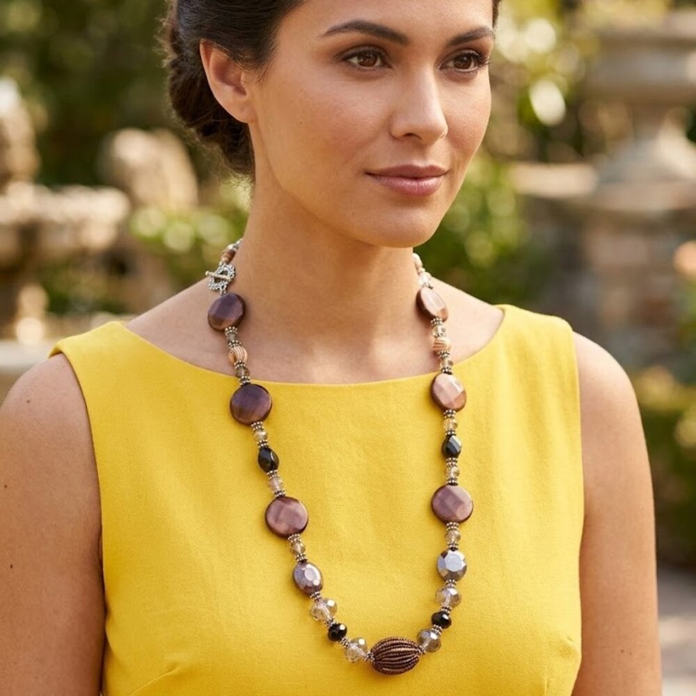 Statement Necklace - Brown/Clear Tones Beaded T-Bar Toggle Clasp - 12" handmade
